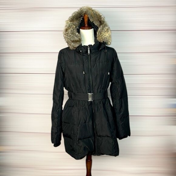 A Pea in the Pod Maternity Black Down Coat Jacket Hood with Faux Fur Trim sz L - Picture 1 of 10